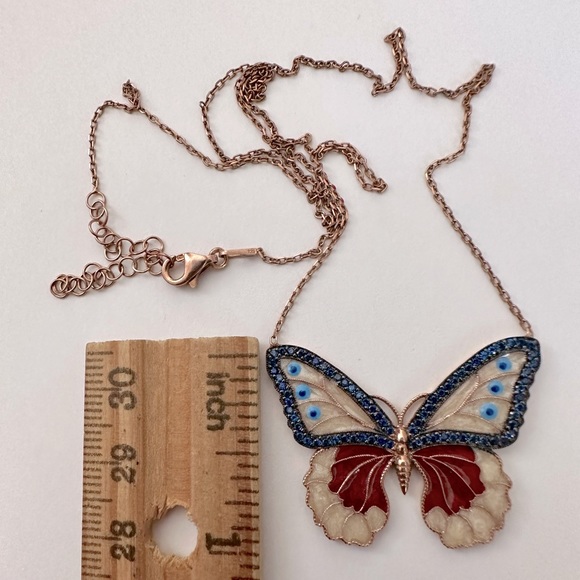 🦋Butterfly necklace sapphire blue cz 925 silver 14k rose gold plated - Picture 2 of 3